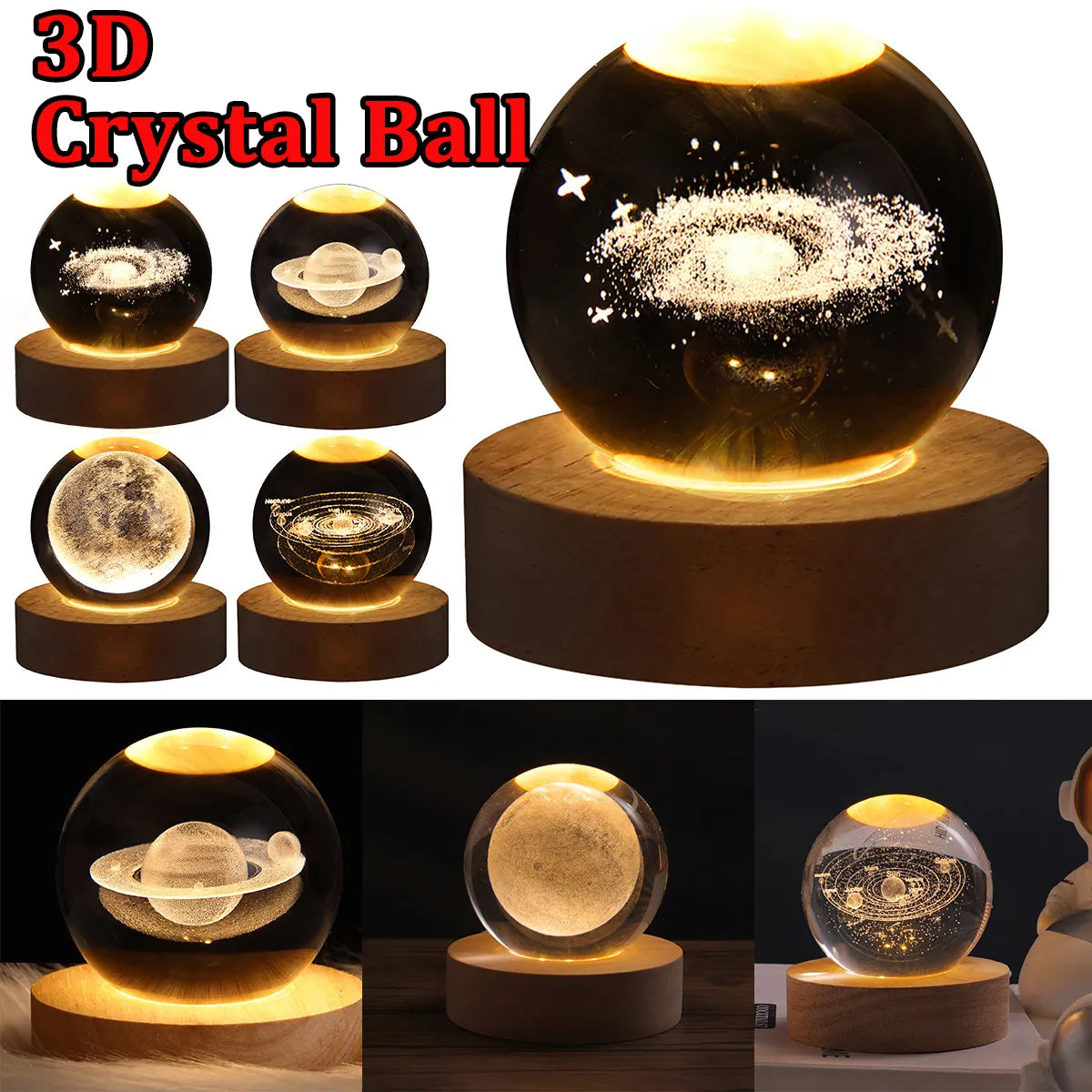 LED Night Light Galaxy Crystal Ball Table Lamp 3D Planet Moon Lamp Bedroom Home Decor For Kids & Adult Birthday Gifts